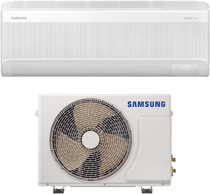 Ar-condicionado Split Samsung WindFree Connect AI 12.000 BTUs com unidade interna e externa branca.
