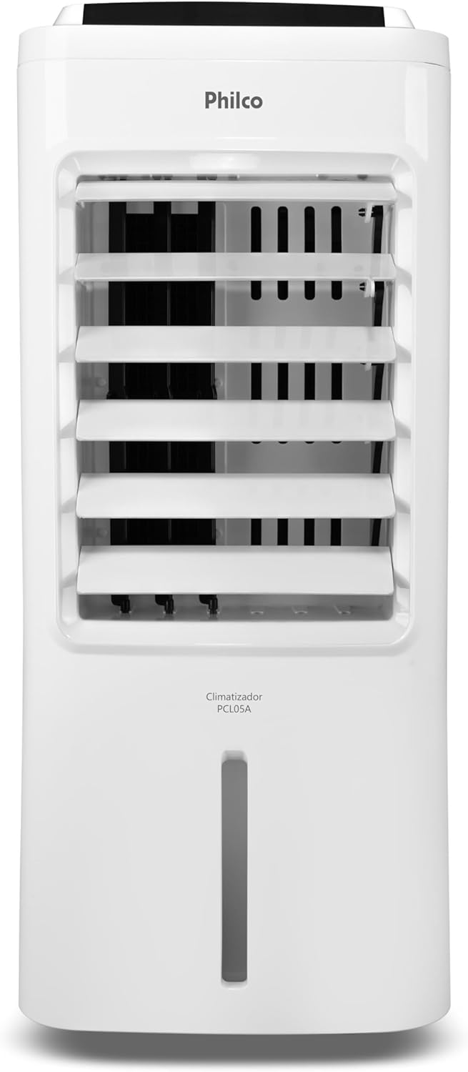 Climatizador Philco 4 em 1 PCL05A frontal branco com abas abertas e visor nível de água