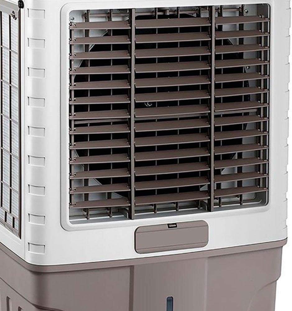 Close na grade frontal de climatizador de ar Elgin Big Air 65L com lâminas horizontais cinza.