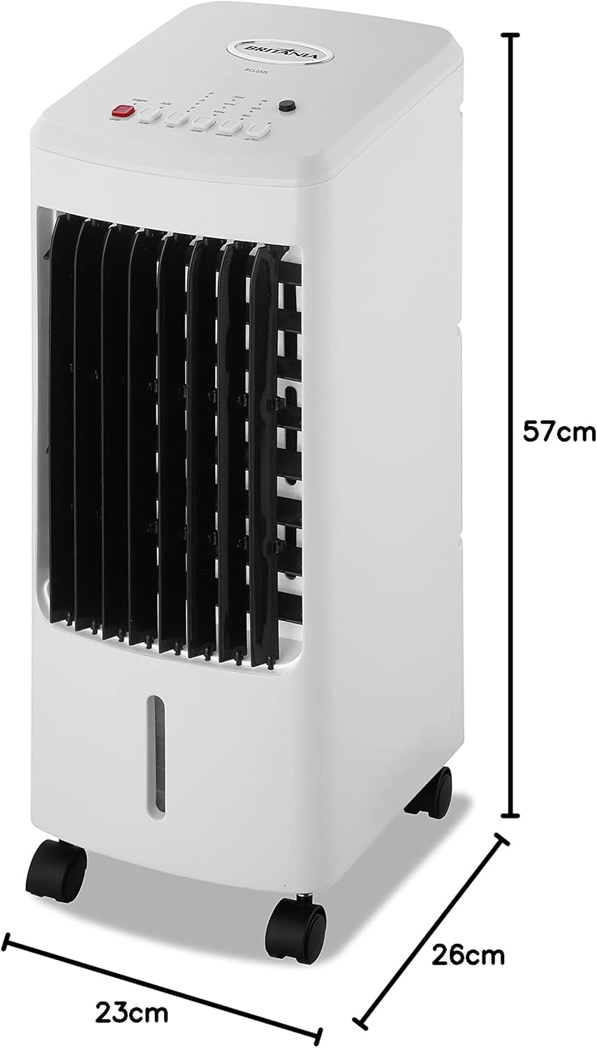 Climatizador Britania BCL05FI branco com dimensões 57x23x26 cm em fundo branco