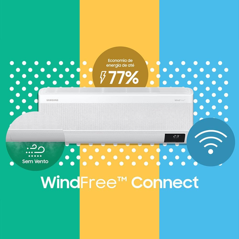 Promoção ar-condicionado Samsung WindFree Connect 12.000 BTUs com economia de energia até 77%, sem vento e conectividade Wi-Fi, fundo colorido.
