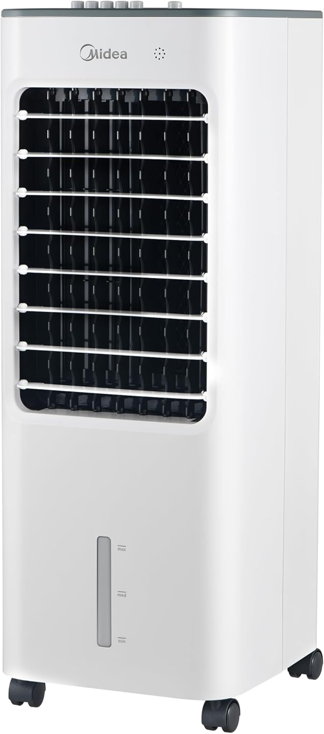 Climatizador de ar 5 litros Midea branco com painel de controle e rodas, vista frontal.