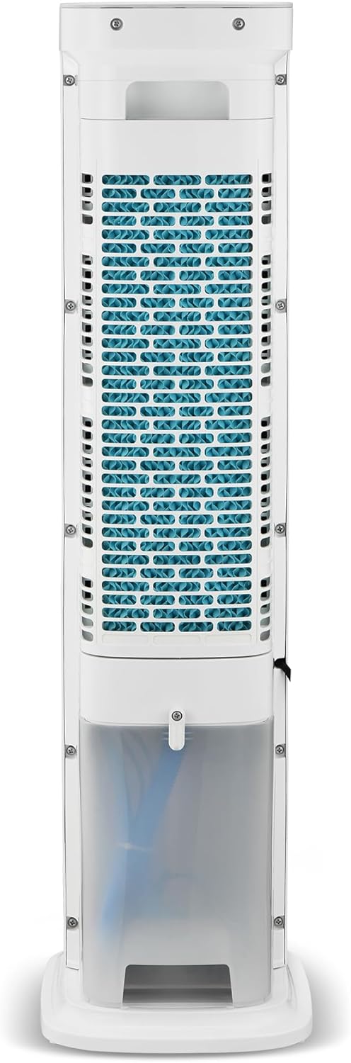 Vista traseira do climatizador de ar digital Midea destacando grade e reservatório de água.