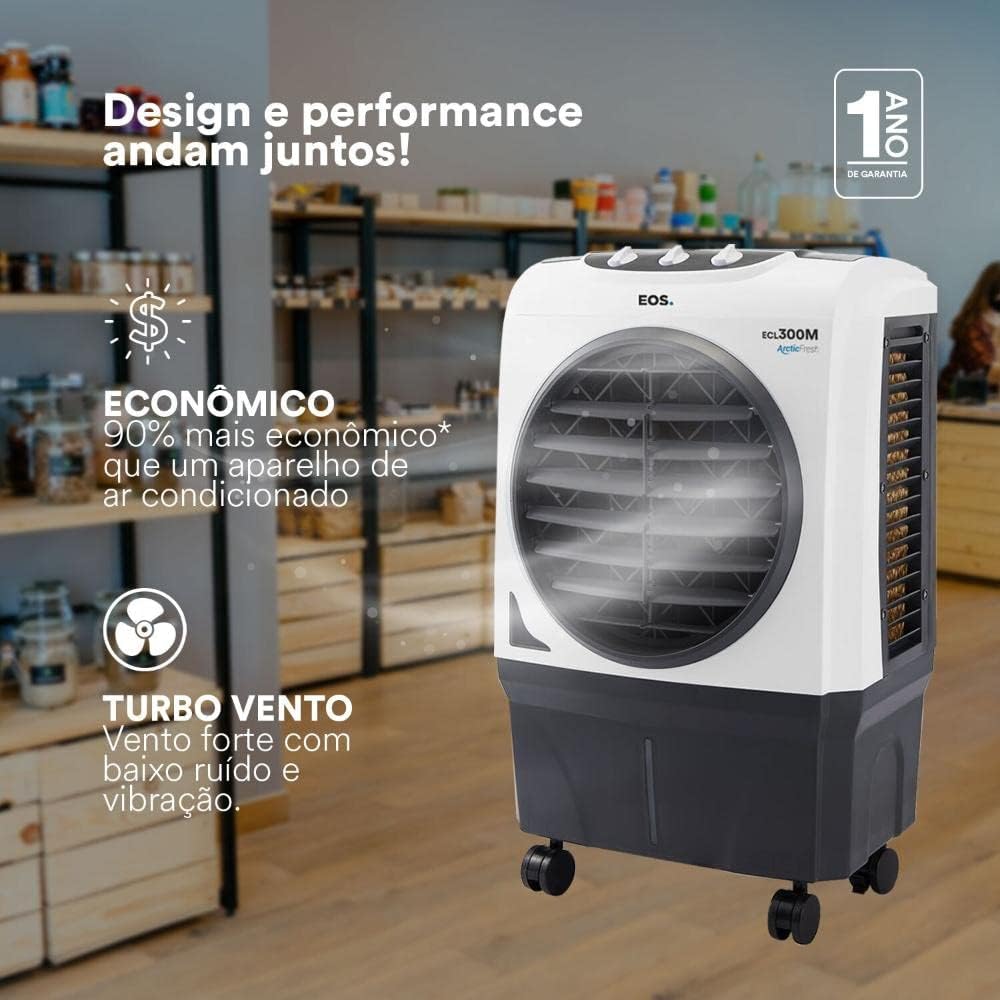 Climatizador de ar EOS ECL300M PRO 30L em ambiente interno com texto de economia e desempenho