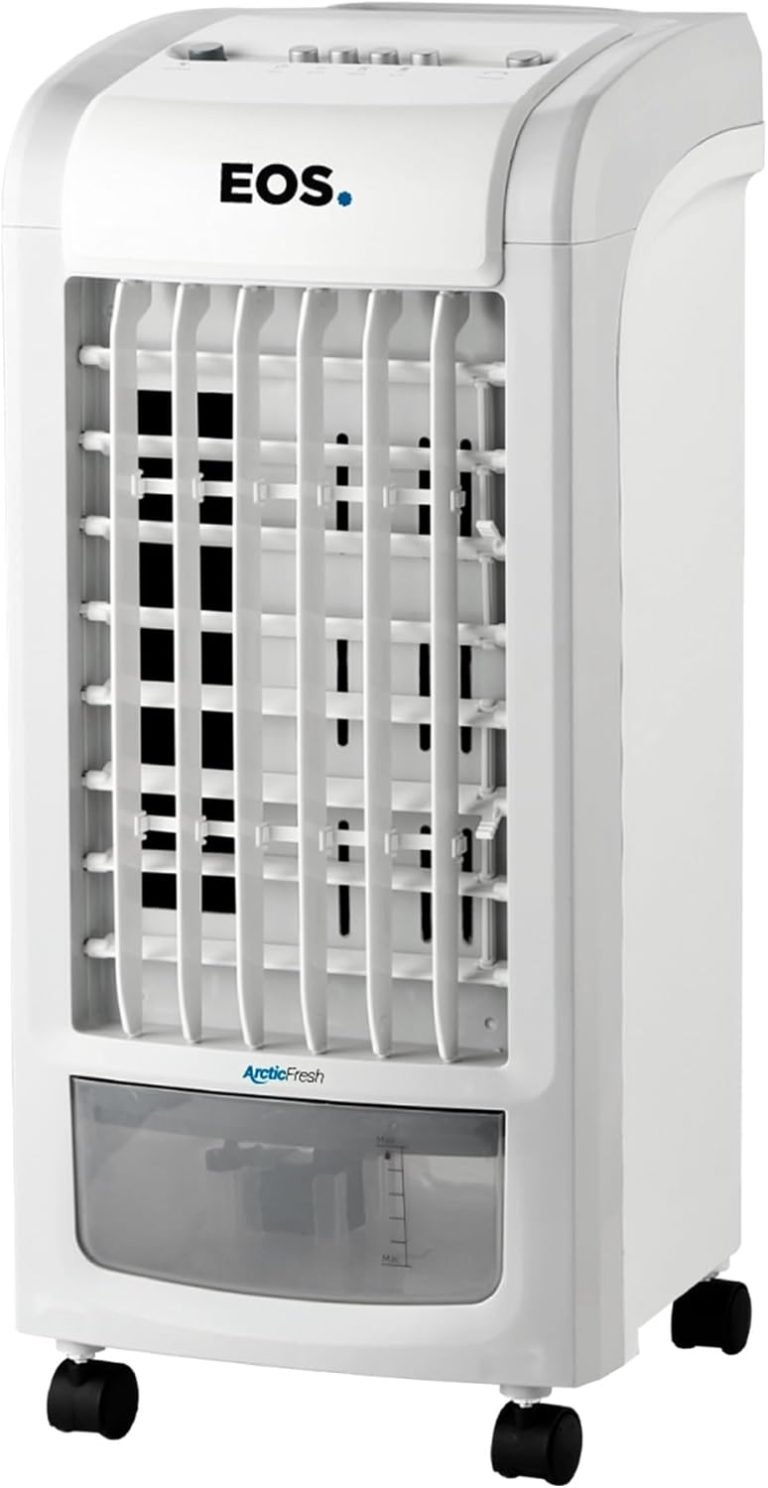 Climatizador de ar Eos Arctic Fresh branco com reservatório 3,5 litros e grades frontais, vista frontal em fundo branco.