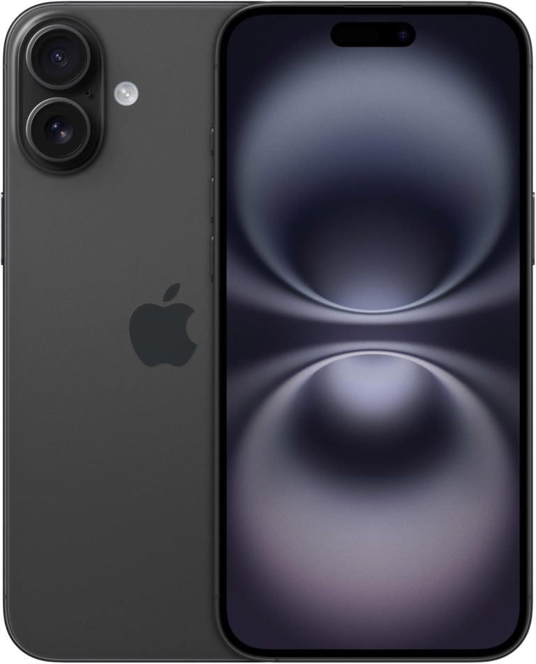 Apple iPhone 16 Plus preto vista frontal e traseira, design moderno com notch pílula