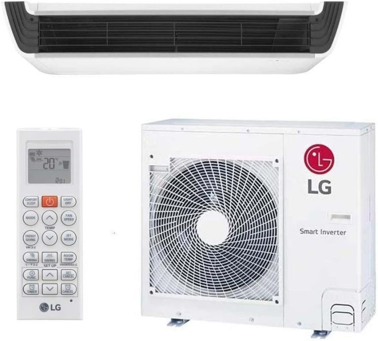 Ar condicionado split teto inverter LG 36000 BTUs unidade interna, unidade externa e controle remoto branco com display digital.