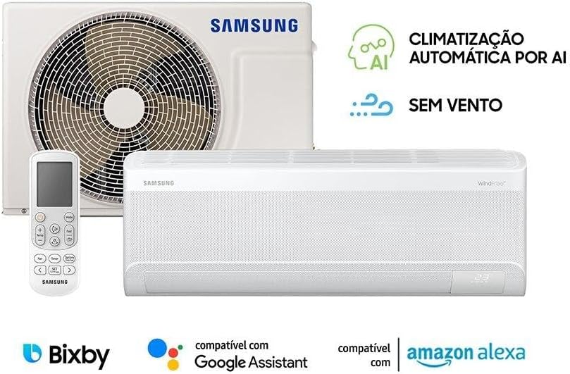 Ar-condicionado Samsung com AI, controle remoto, compatível Bixby, Google Assistant e Alexa.