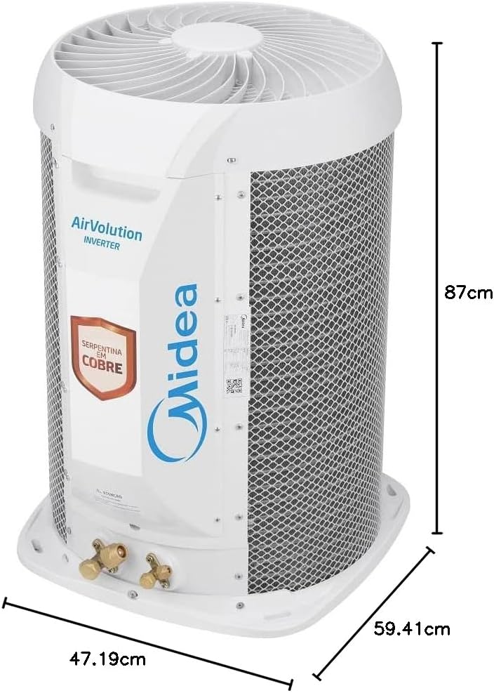 Unidade externa do ar condicionado Springer Midea Airvolution com dimensões destacadas e selo serpentina de cobre.