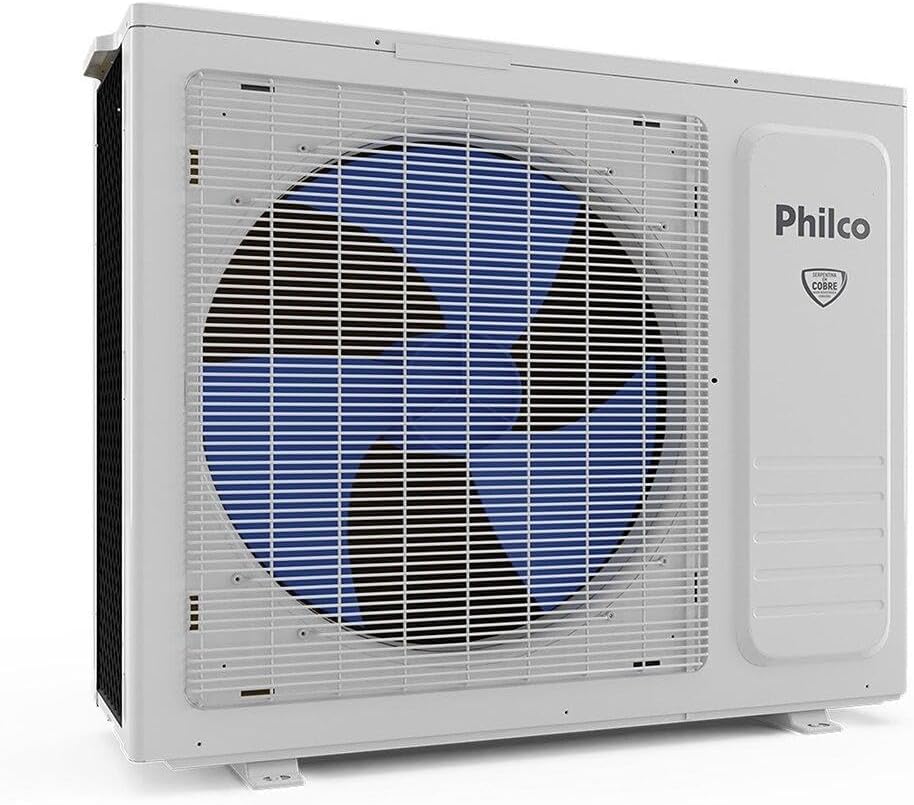 Unidade externa do ar-condicionado split inverter cassete Philco Eco 24000 BTUs só frio vista frontal com hélice azul e logo Philco.
