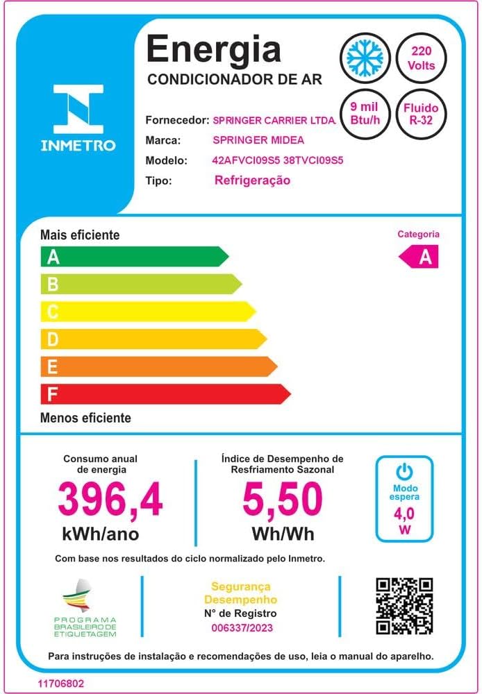 Etiqueta de eficiência energética do ar condicionado Springer Midea 9.000 BTUs categoria A