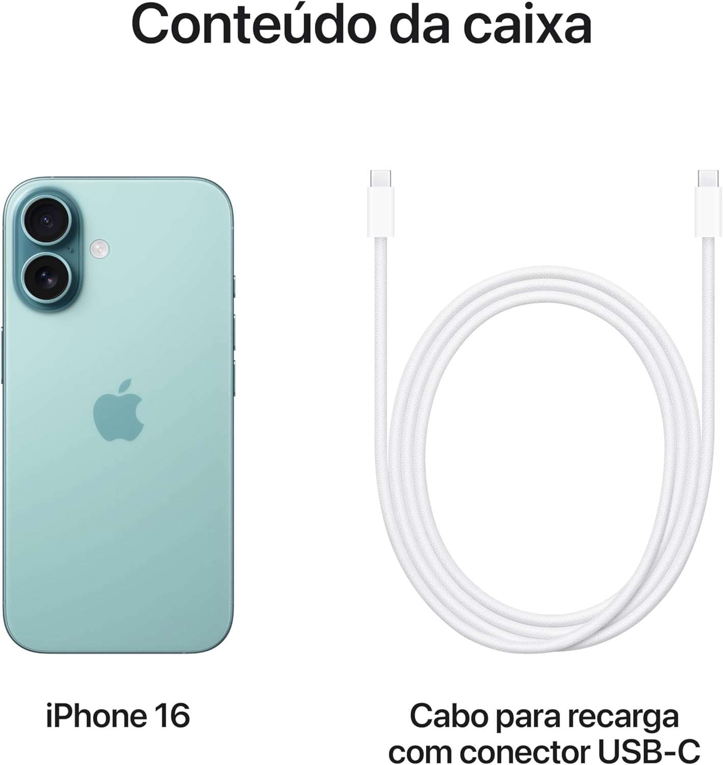 Conteúdo da caixa do iPhone 16 verde-acinzentado com cabo USB-C para recarga