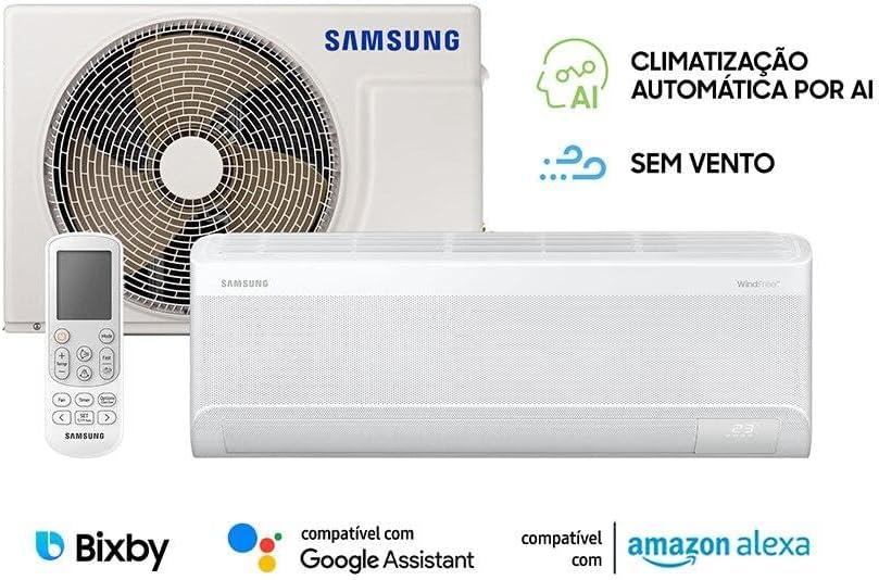 Ar Condicionado Split Samsung com assistentes de voz e controle remoto, com destaque para climatização automática.