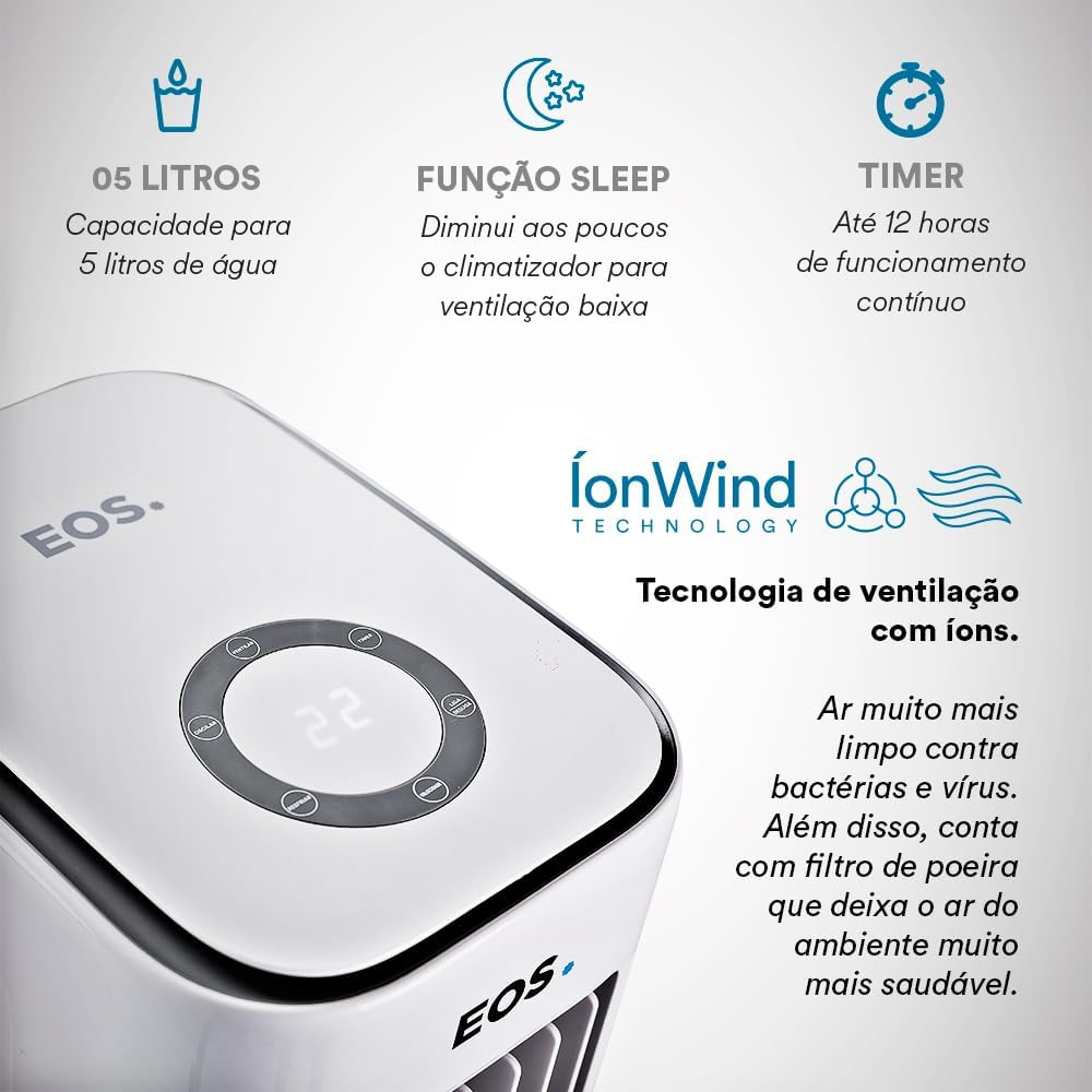 Painel touch digital do climatizador EOS com descrições de funções: 5 litros, sleep, timer, tecnologia íonWind
