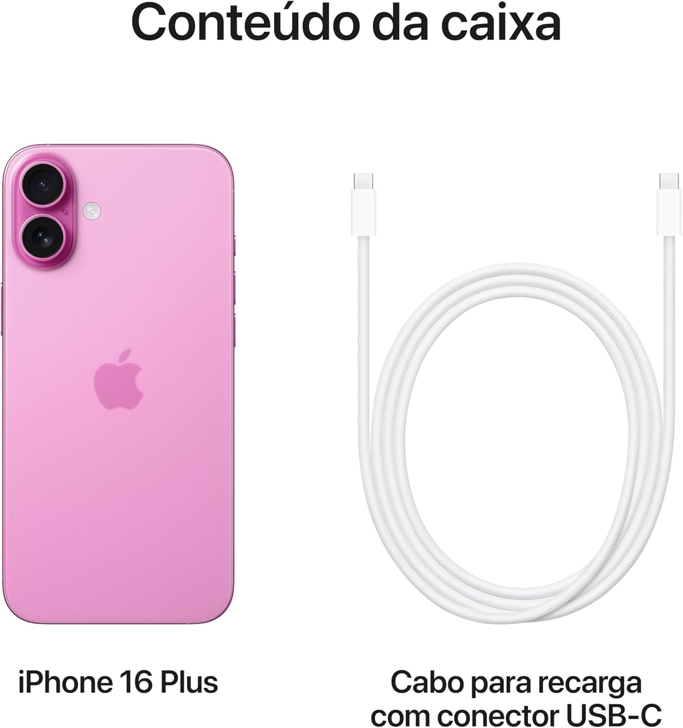 Conteúdo da caixa do Apple iPhone 16 Plus rosa com cabo de recarga USB-C.