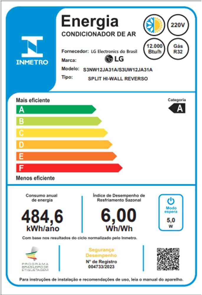 Etiqueta INMETRO do ar condicionado LG 12.000 Btus mostrando eficiência energética categoria A.