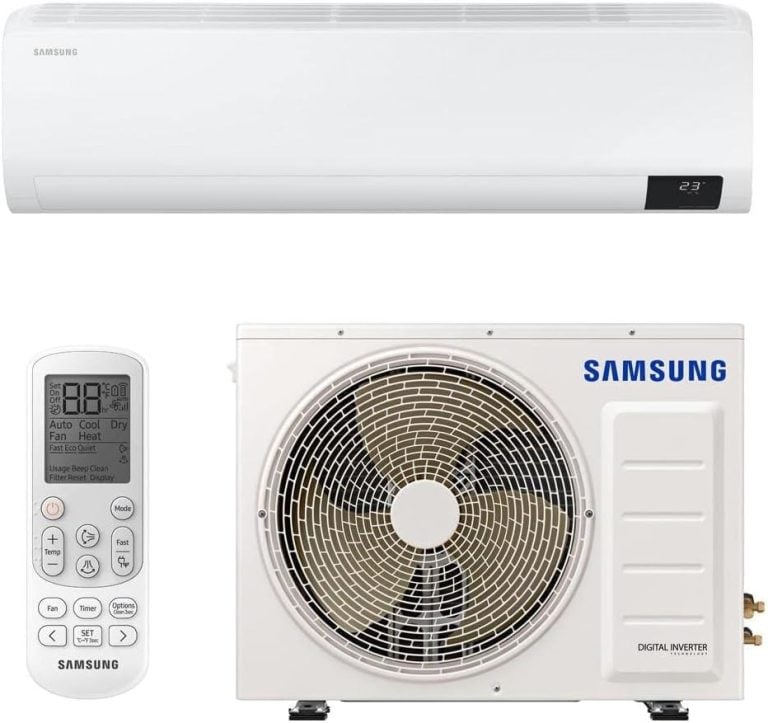 Ar-condicionado split inverter Samsung 18000 BTUs 220V com controle remoto e unidade externa e interna, modelo AR18BVHZCWKNAZ.