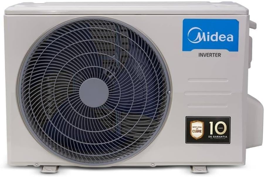 Unidade externa de ar-condicionado Split Inverter Midea com ventilador e selo garantia 10 anos.