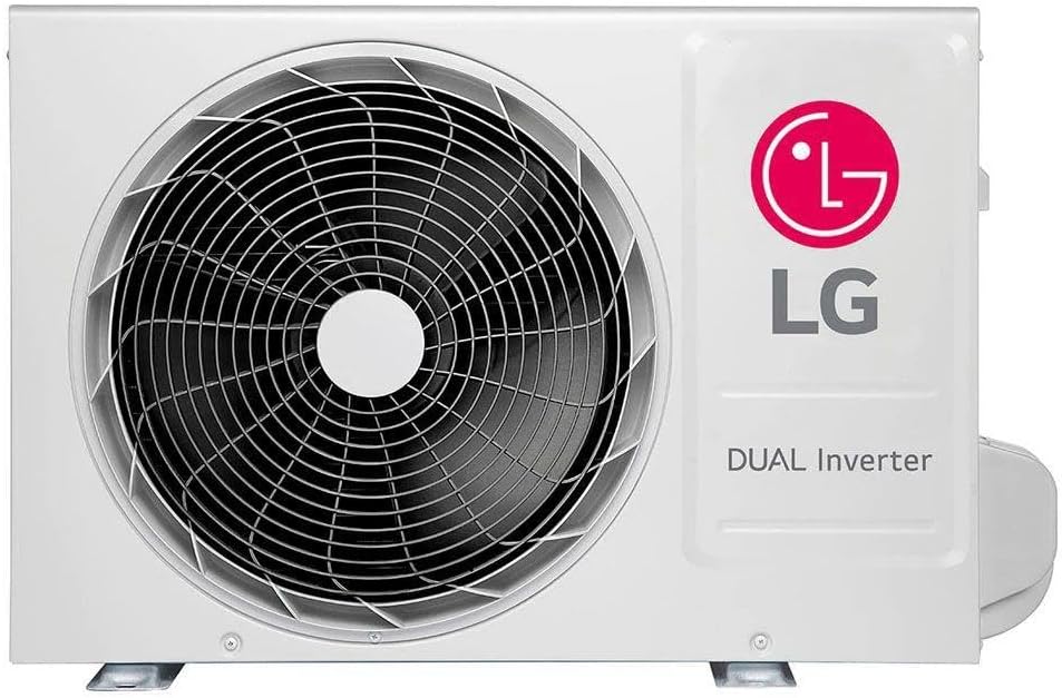 Unidade externa do ar condicionado LG Dual Inverter branca com ventilador grande, vista frontal.