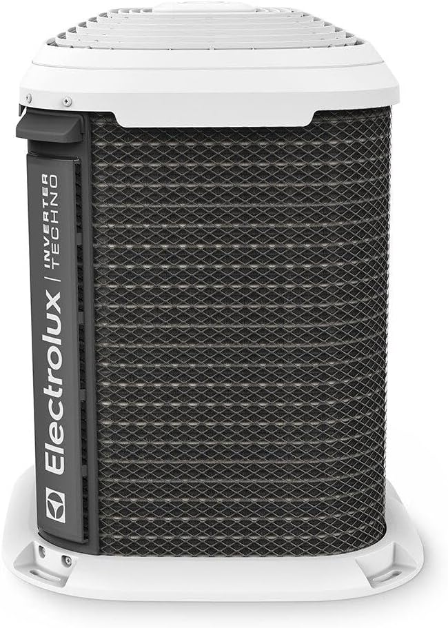 Unidade externa preta e branca do ar-condicionado Electrolux Color Adapt Inverter 18.000 BTUs com logo Electrolux