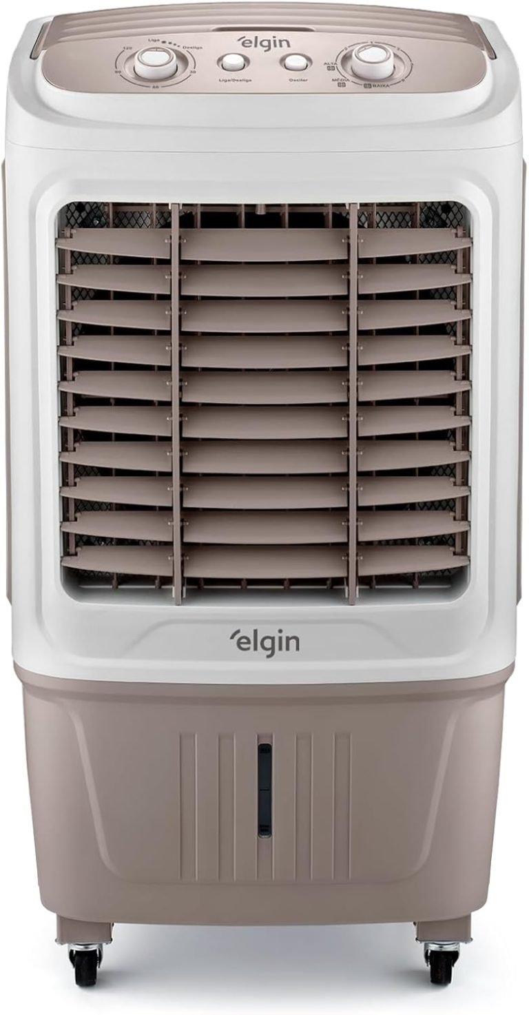 Climatizador Elgin Big Air 45 Litros 3 em 1 cinza e branco frontal com reservatório e rodas