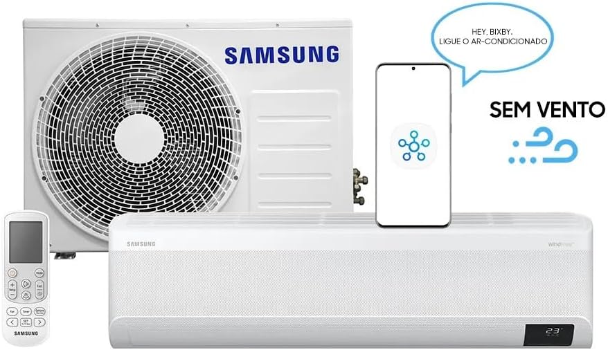 Unidades interna e externa do ar-condicionado Samsung WindFree Connect com controle remoto e ilustração comando via celular Bixby, fundo branco