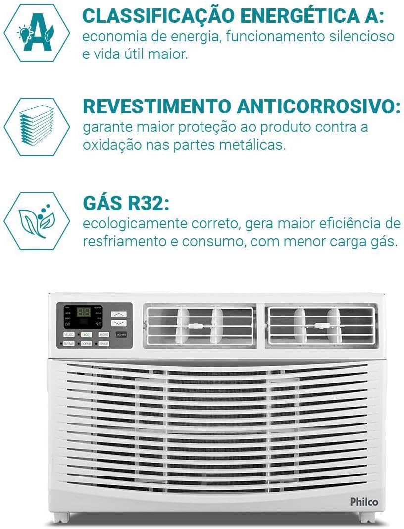 Características do ar-condicionado Philco: classificação energética A, revestimento anticorrosivo e gás R32 ecológico