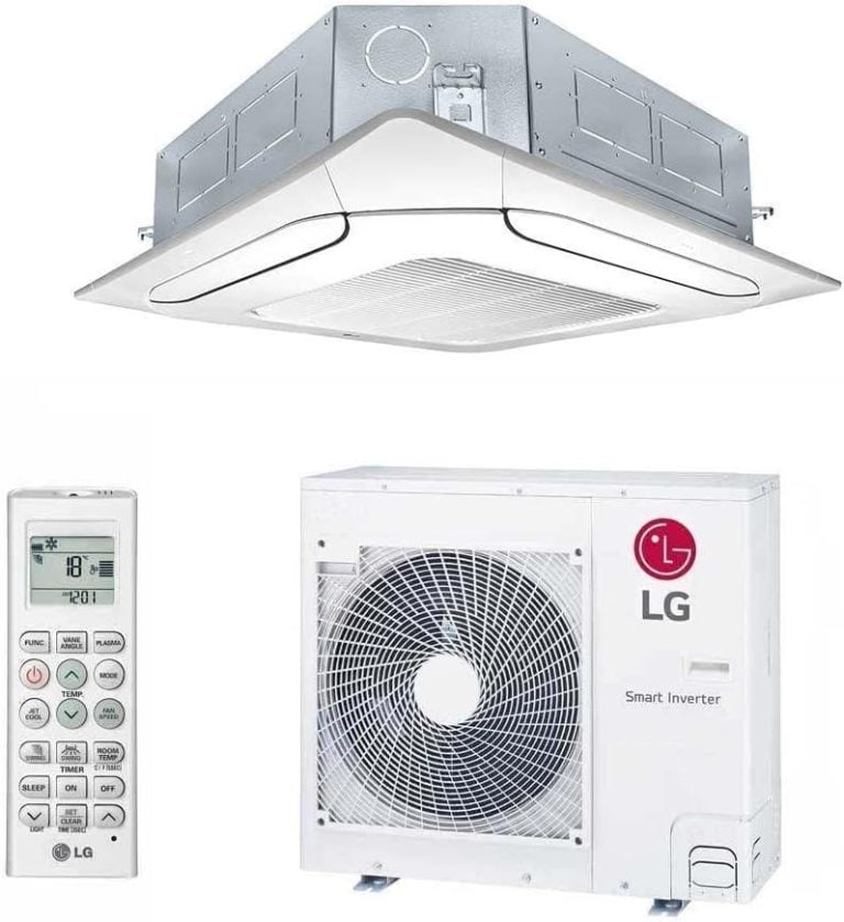 Ar Condicionado Inverter LG Cassete 24000 BTUs Quente e Frio 220v com Wi-Fi, mostrado com unidade interna, externa e controle remoto.