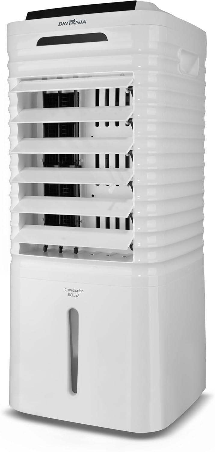 Climatizador Britânia 4 em 1 BCL05A branco vista lateral direita com grelhas abertas