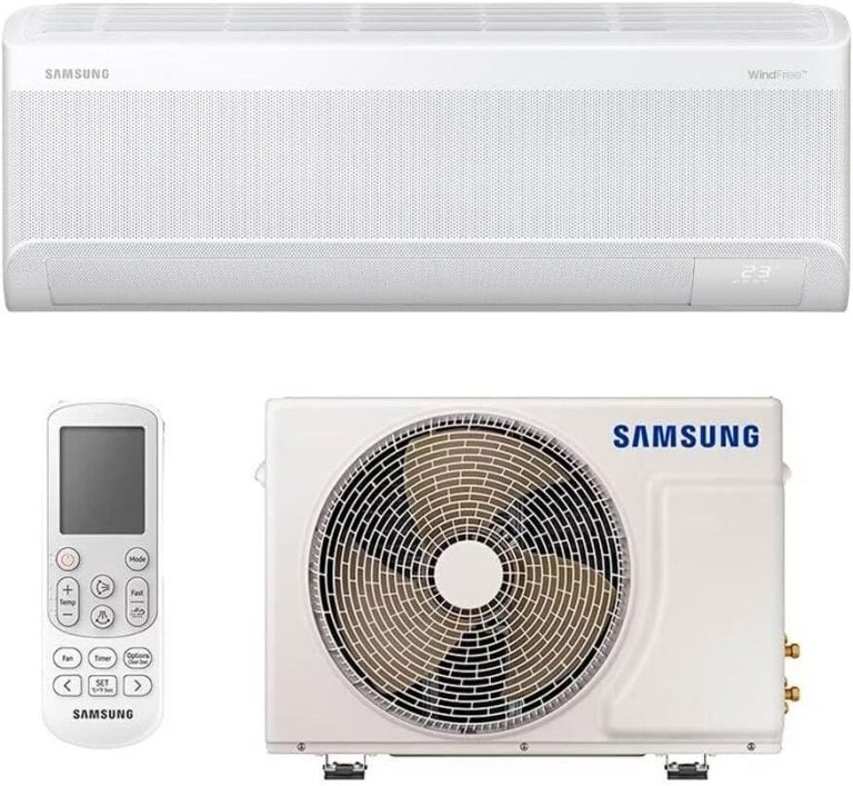Ar Condicionado Split Samsung WindFree AI com controle remoto, mostra unidade interna e externa.