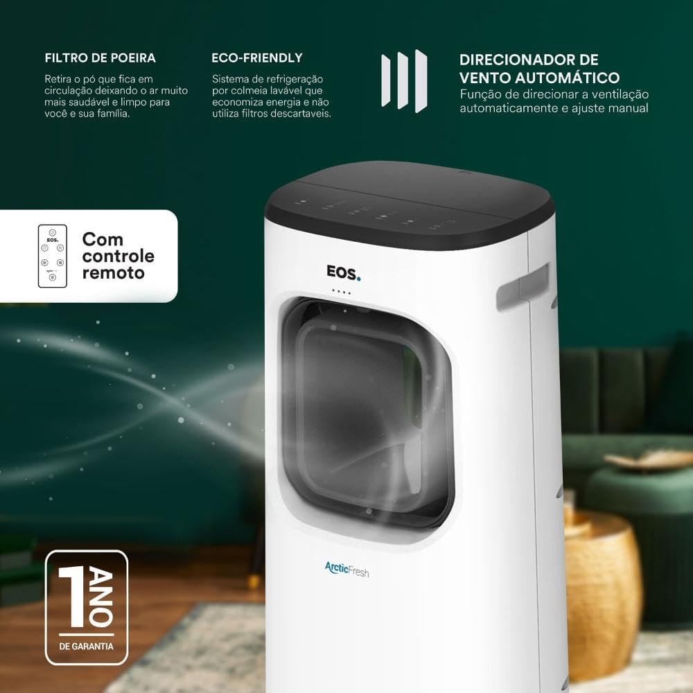 Climatizador EOS Arctic Fresh com controle remoto e funções adicionais mostrado em ambiente interno.