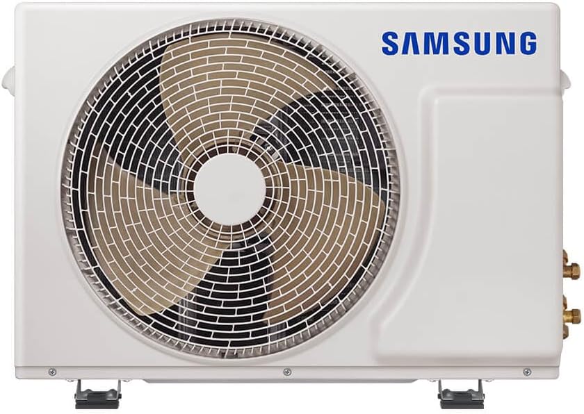 Unidade externa ar-condicionado Samsung split com ventilador protegido e logotipo azul.