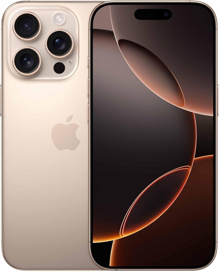 Apple iPhone 16 Pro titânio-deserto vista frontal e traseira com câmera tripla
