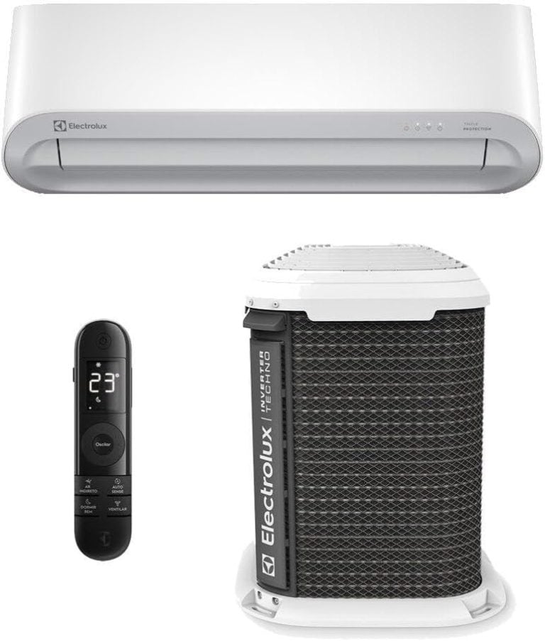 Ar-condicionado Electrolux JE24F com unidade interna branca, controle remoto e condensadora.