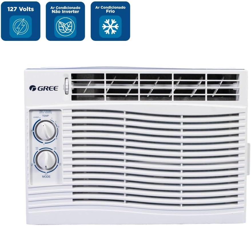 Ar condicionado janela Gree 7000 BTU/h 127V com modos frio e ajustes mecânicos.