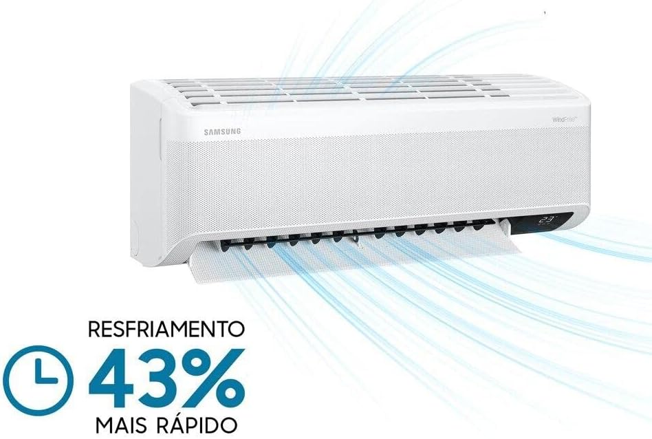 Ar Condicionado Samsung resfriamento 43% mais rápido, unidade interna com fluxo de ar.