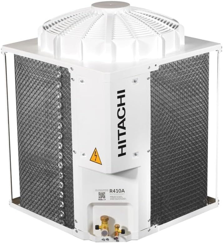 Unidade externa do ar-condicionado split piso teto Hitachi Air Core 36.000 BTUs vista lateral com marca e malha preta.