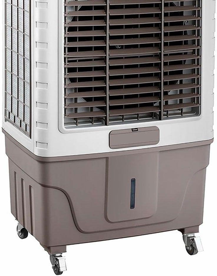 Climatizador Elgin Big Air 65L com grade cinza, base marrom clara com reservatório e rodas.