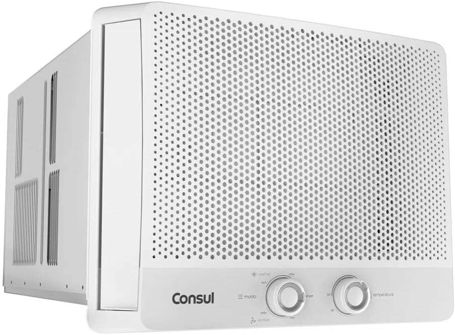 Ar condicionado janela Consul 10000 BTUs branco vista lateral e frontal design moderno
