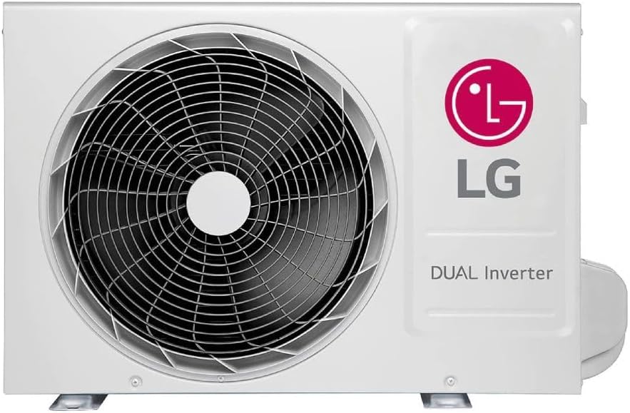 Unidade externa ar-condicionado LG Dual Inverter branco com ventilador e logo LG rosa vista frontal