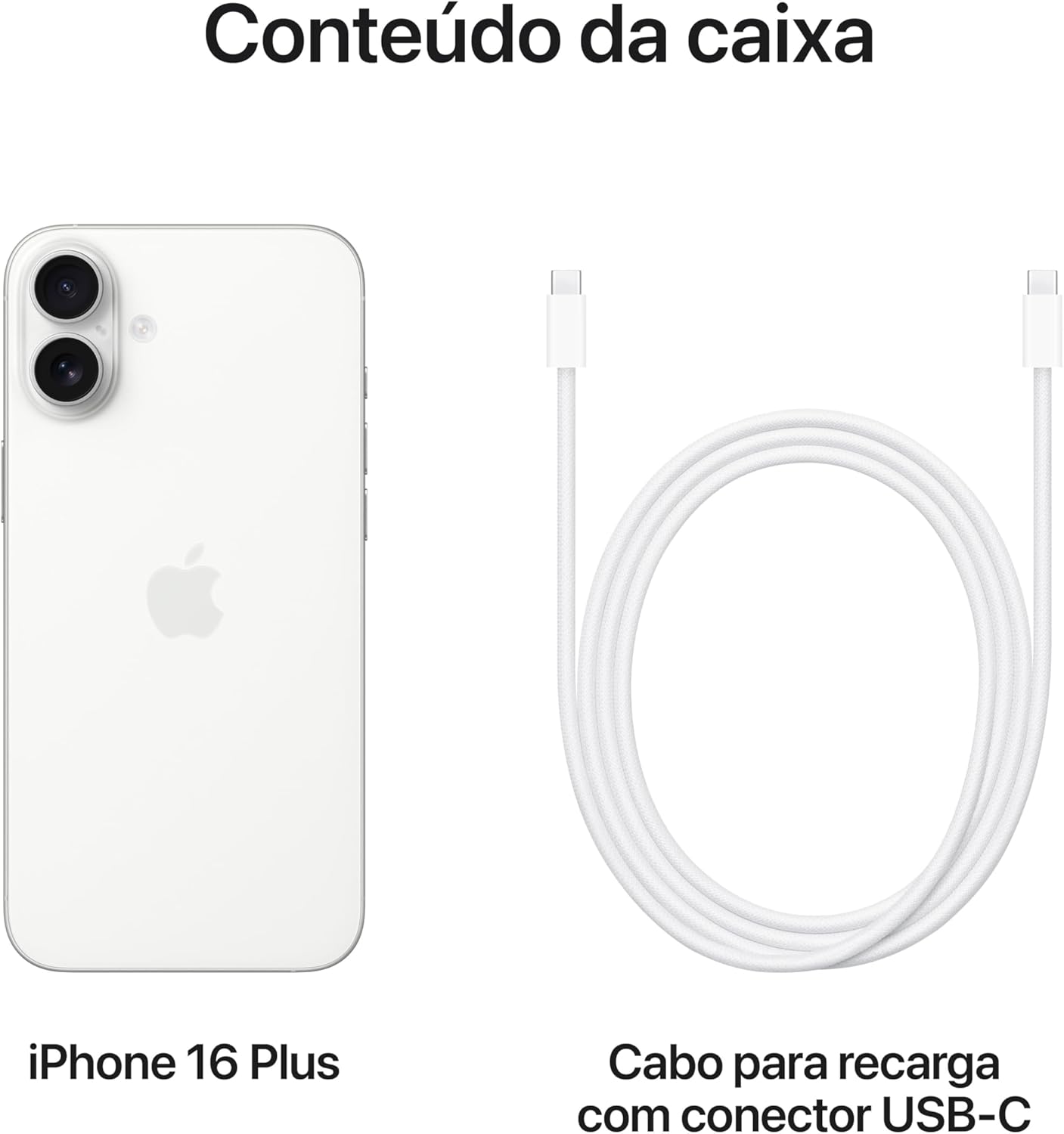 Conteúdo da caixa do Apple iPhone 16 Plus branco incluindo celular e cabo USB-C para recarga.