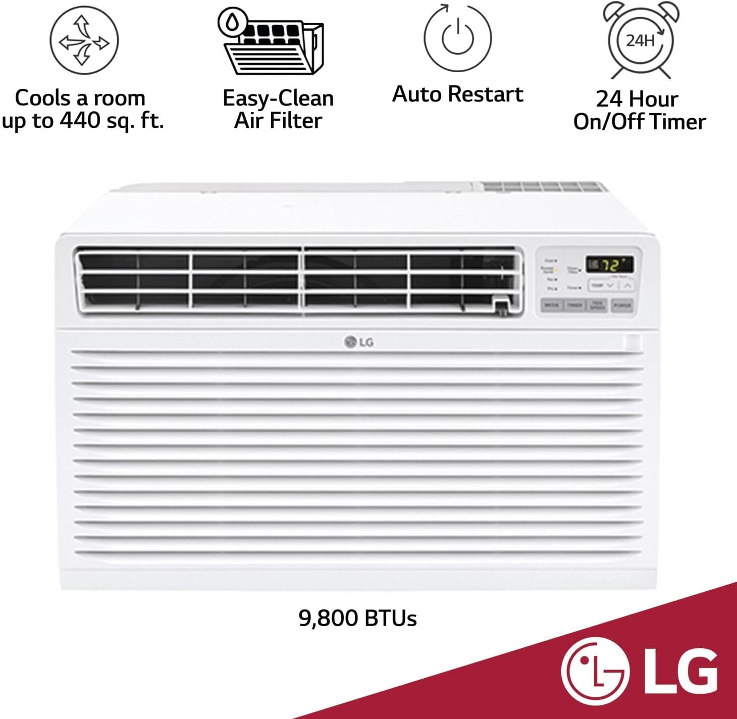 Ar condicionado LG 9800 BTU com funcionalidades: filtro fácil, auto restart e timer 24 horas.