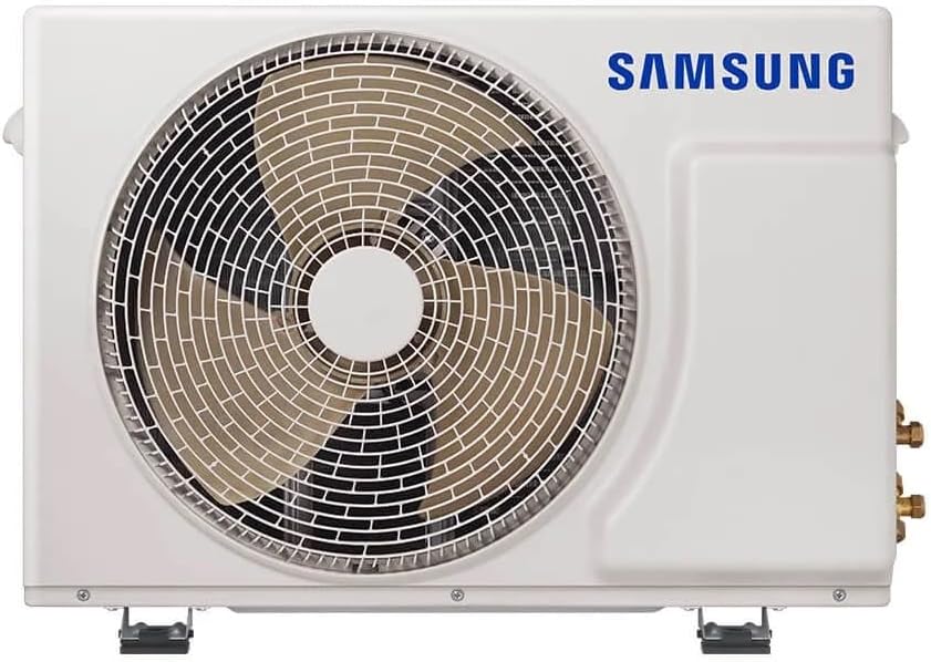 Unidade externa do ar-condicionado Samsung Split Inverter WindFree AI 12.000 BTUs com ventoinha protegida e logo azul.