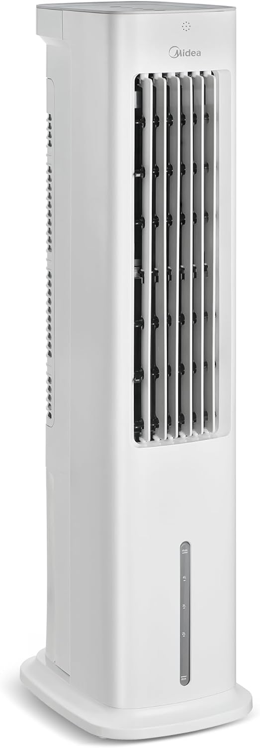Climatizador de ar digital Midea visto de lado com grade e indicador de reservatório de água.