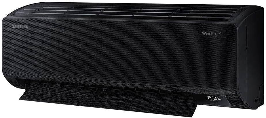 Ar-condicionado Samsung Windfree Black High Wall 18000 Btus vista lateral com painel preto texturizado e display digital.