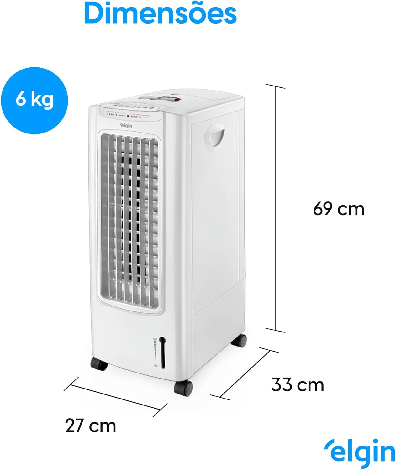 Climatizador Elgin branco com dimensões 69x33x27 cm e peso 6 kg