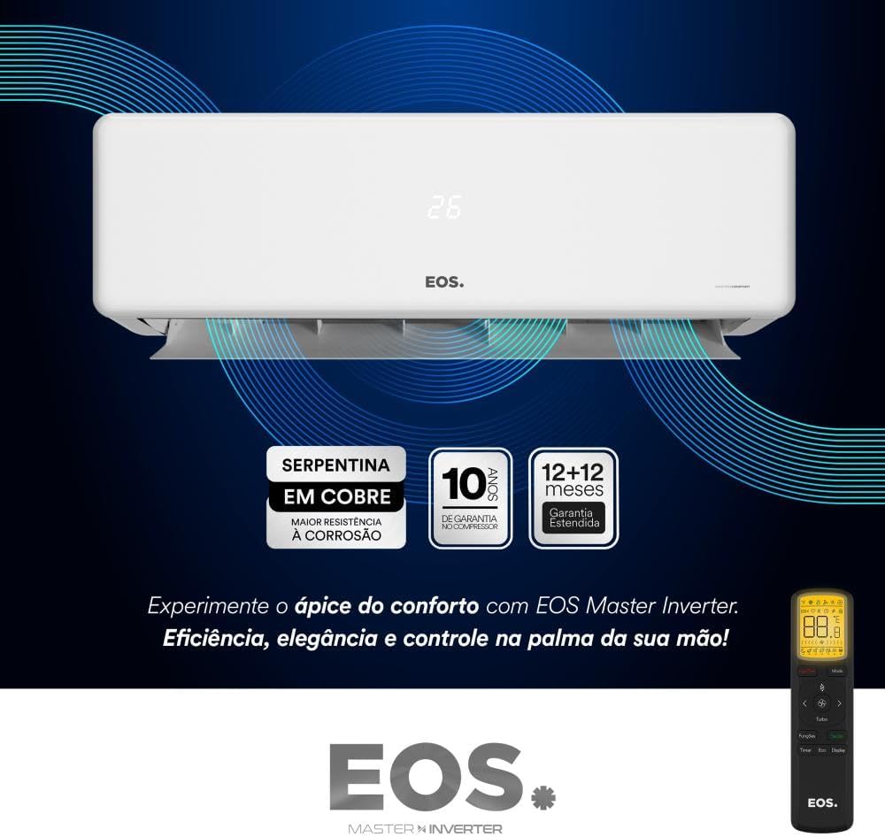 Ar-condicionado EOS Master Inverter destacando fluxo de ar, serpentina em cobre, garantias e controle remoto.