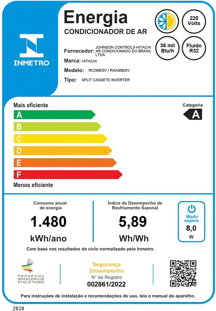 Etiqueta de eficiência energética Inmetro para ar condicionado Split Cassete Inverter Hitachi 36.000 Btus