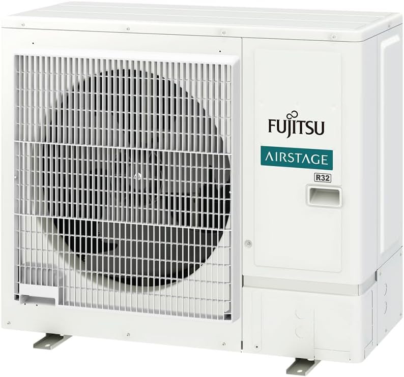 Unidade externa branca do ar condicionado Fujitsu Airstage Premium com ventilador e logos visíveis.