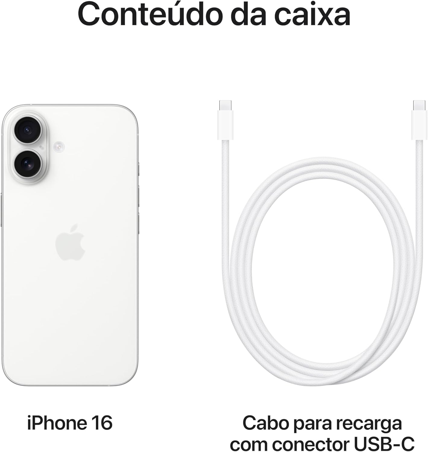 Conteúdo da caixa do Apple iPhone 16: celular branco e cabo USB-C para recarga.